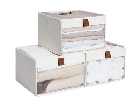 StorageWorks closet bins with clear window for quick item viewing.