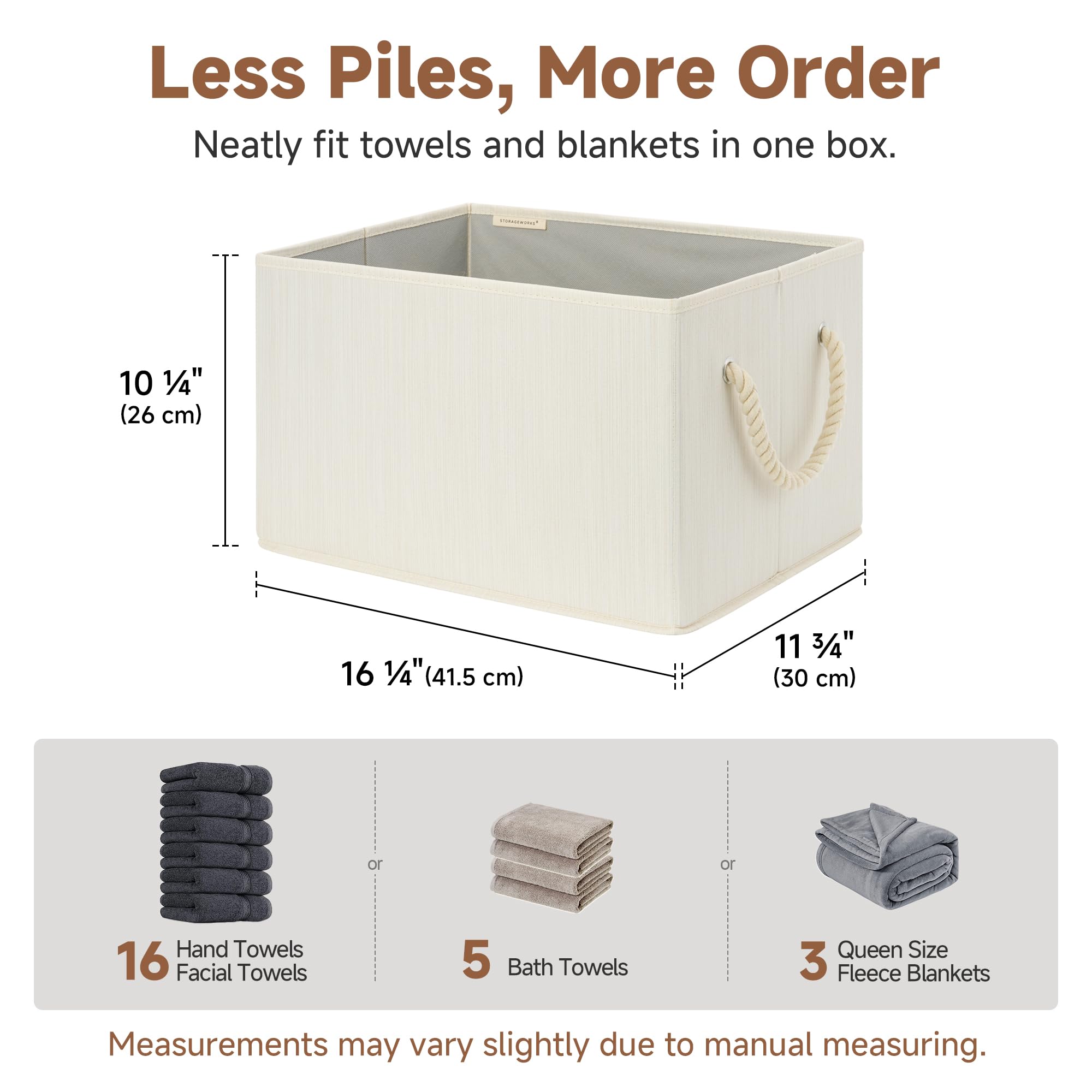 StorageWorks bin on a shelf demonstrates compact closet organization for towels or magazines.