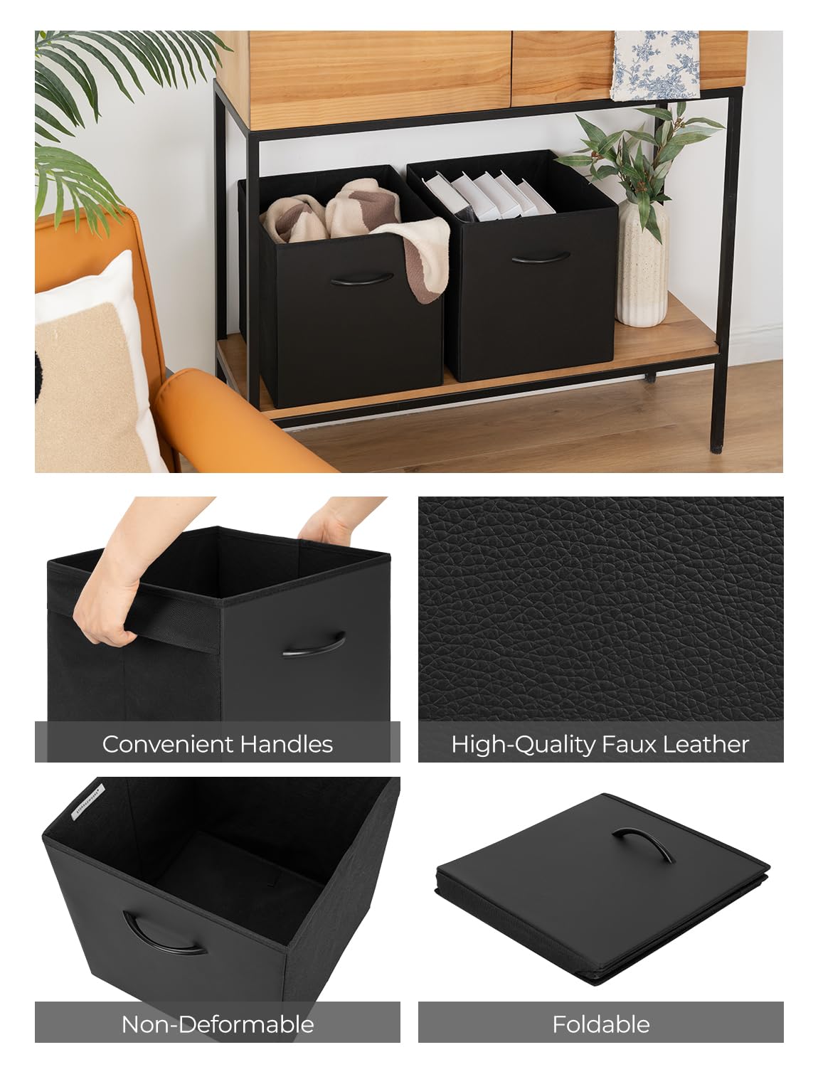 StorageWorks collapsible 13-inch cube bin shown folded to save space.