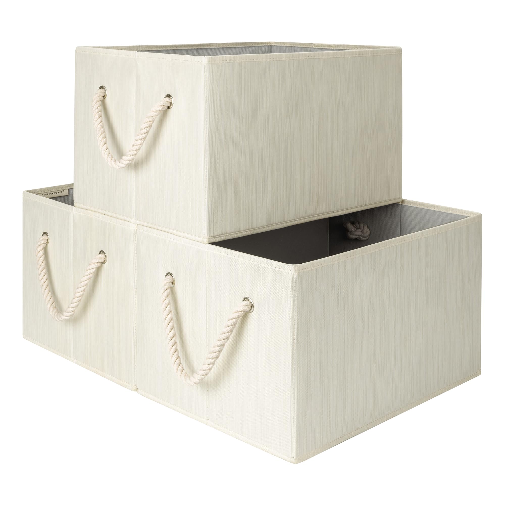 StorageWorks collapsible bin in beige on a shelf, sturdy and easy to pull out.