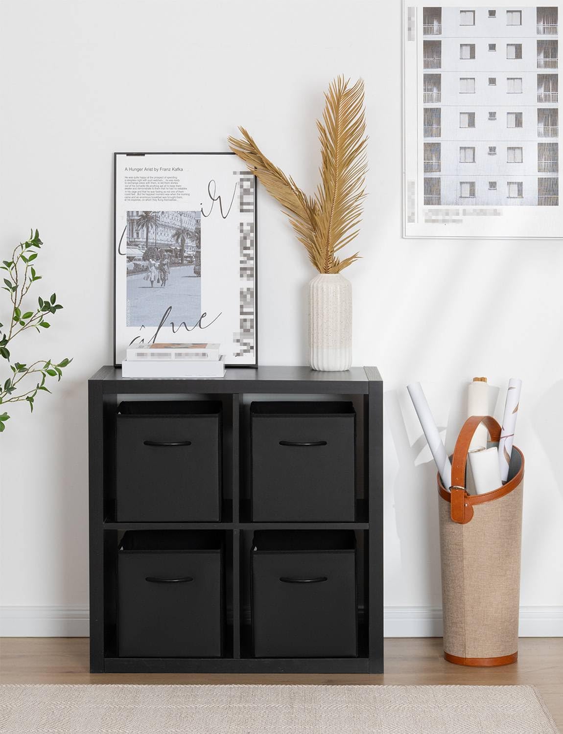 StorageWorks cube bin with side fabric handles for portability.
