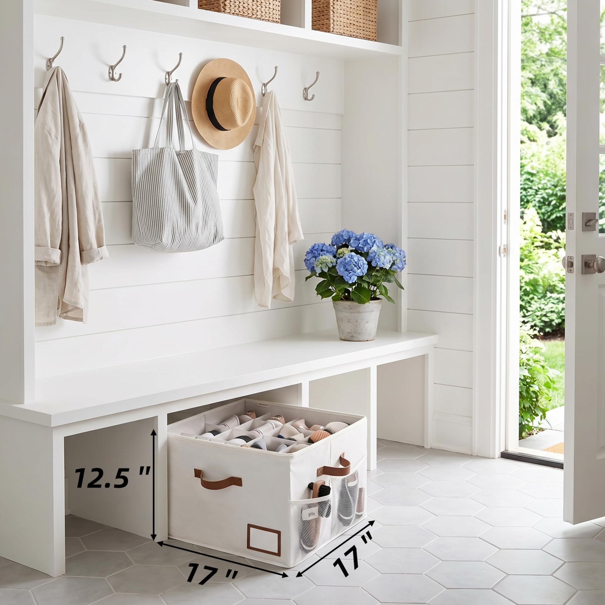 StorageWorks divided shoe compartments organize sneakers and flats for quick access.