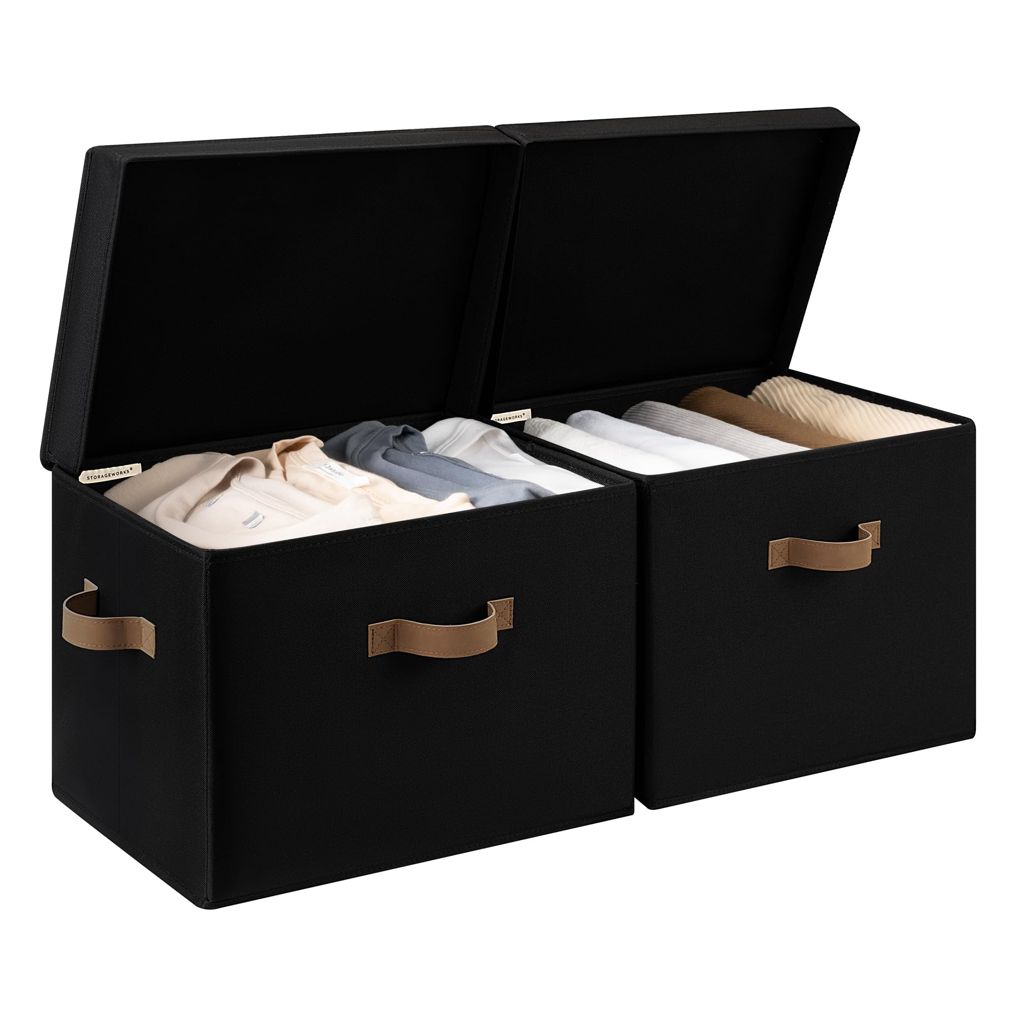 StorageWorks fabric bin with flip top lid for dust protection and quick access