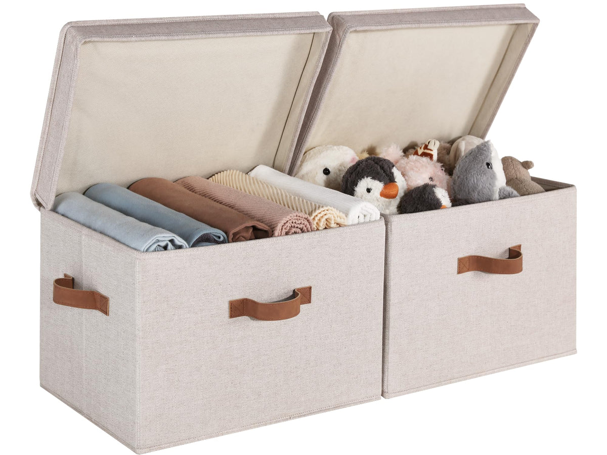 StorageWorks fabric storage bin with lid, front view for organized shelves