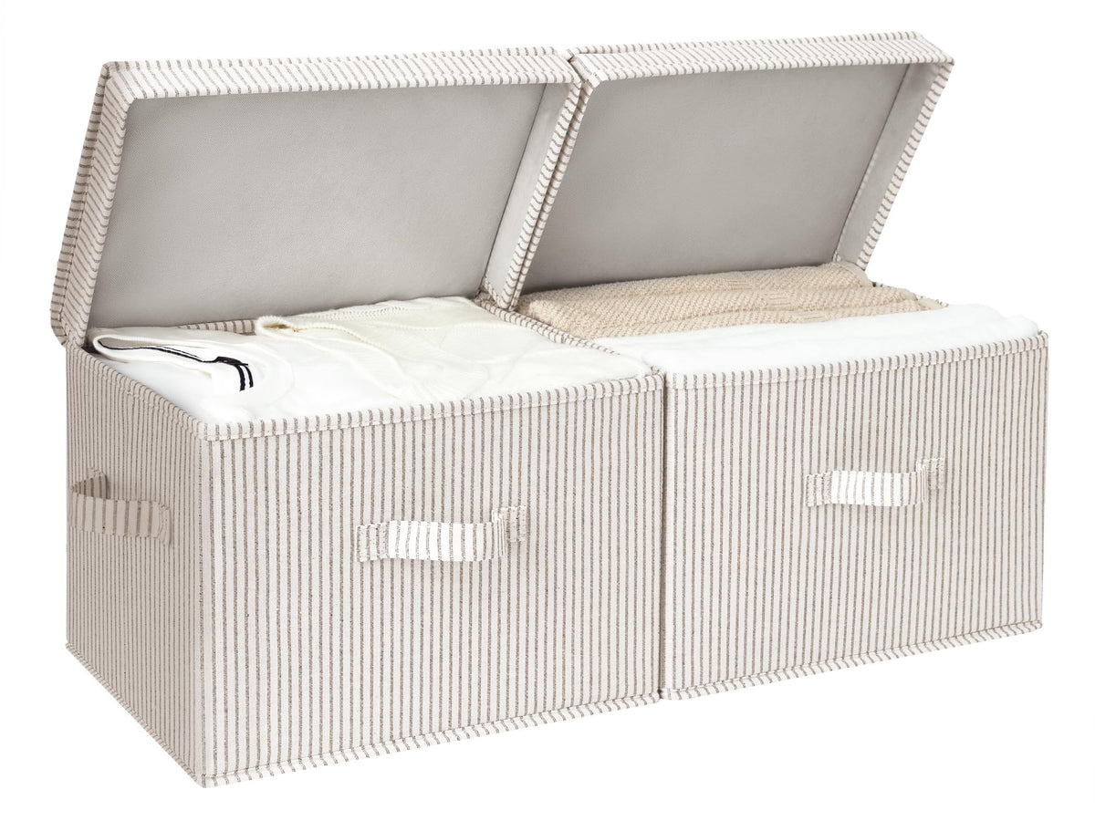 StorageWorks fabric storage bin with lid in khaki-beige stripes for tidy, dust-proof storage.