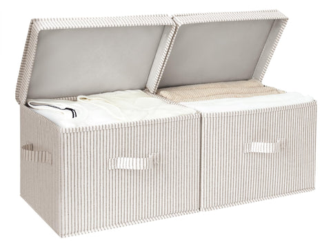 StorageWorks fabric storage bin with lid in khaki-beige stripes for tidy, dust-proof storage.
