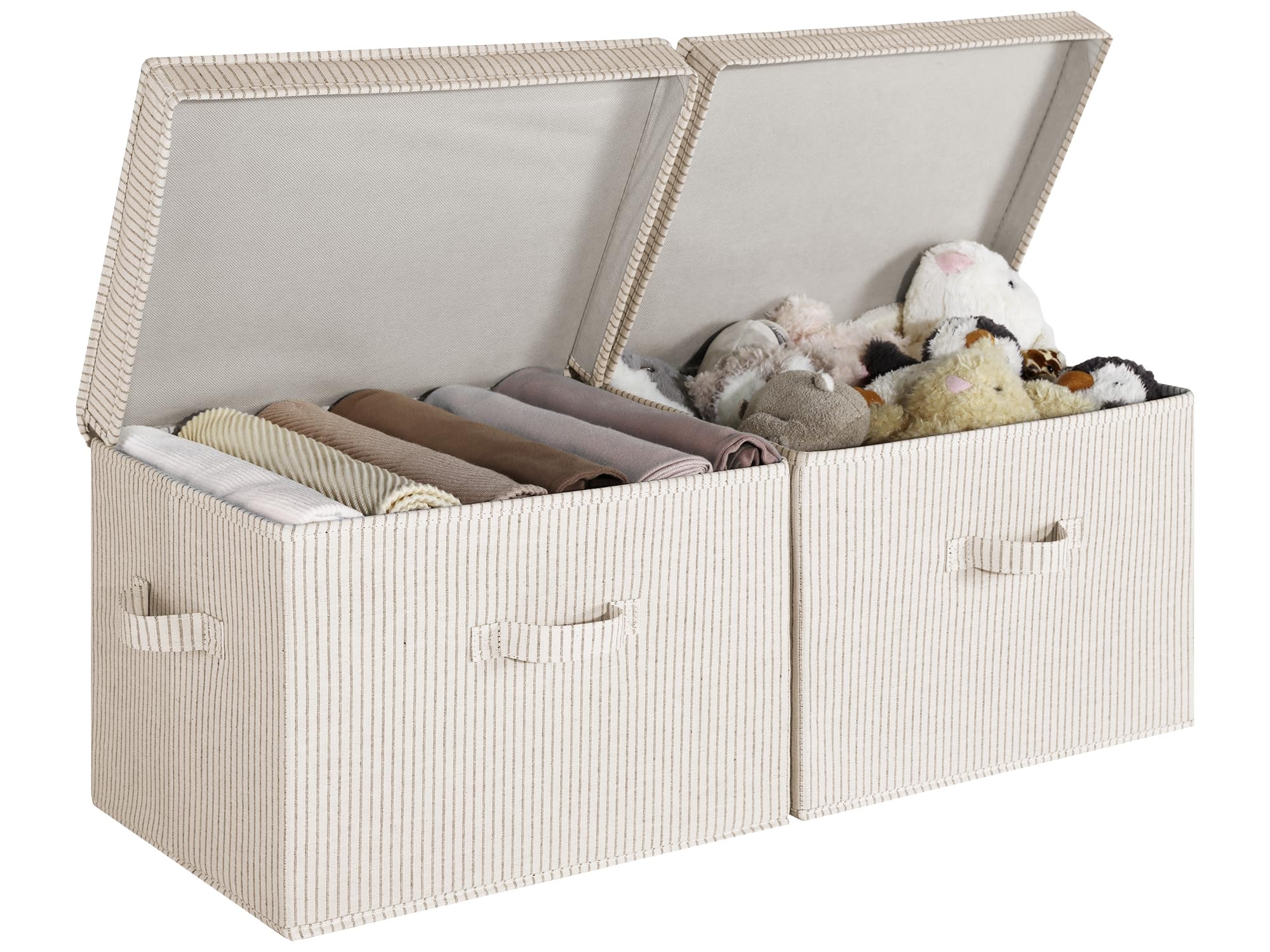 StorageWorks fabric storage bin with lid on a shelf keeps clutter contained.