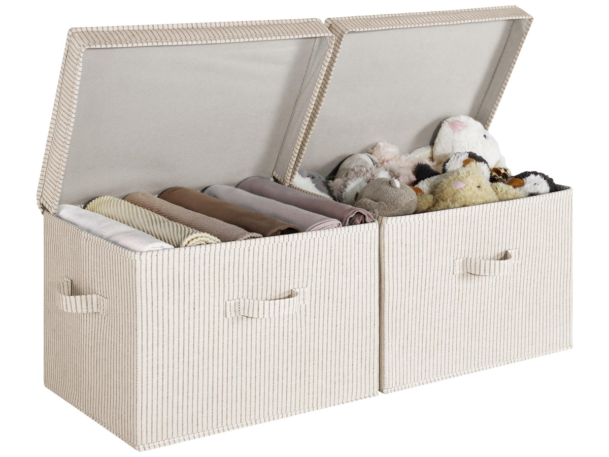 StorageWorks fabric storage bin with lid on a shelf keeps clutter contained.