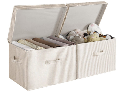 StorageWorks fabric storage bin with lid on a shelf keeps clutter contained.