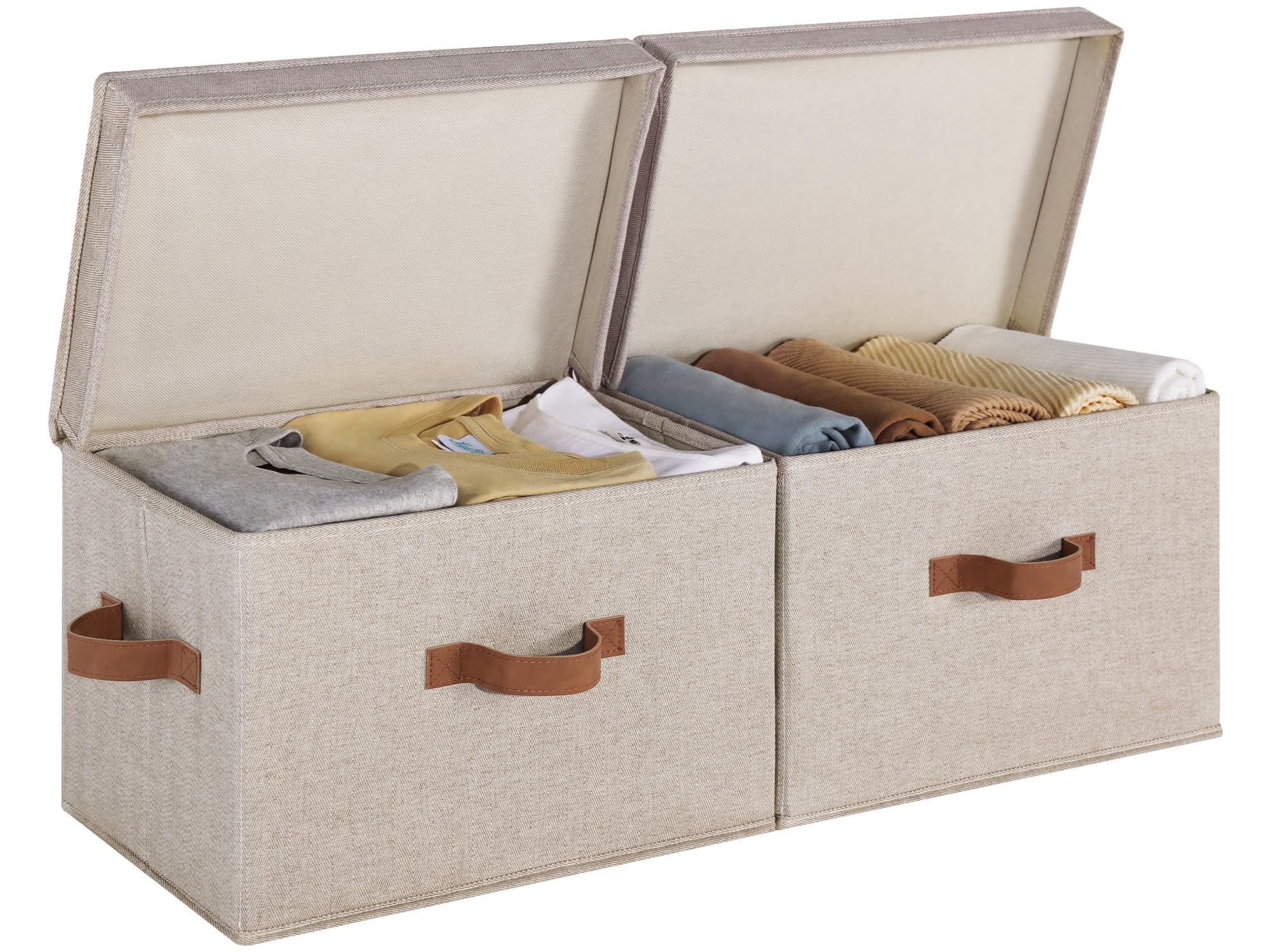 StorageWorks fabric storage bins with lid, front view, sturdy shelf organizer