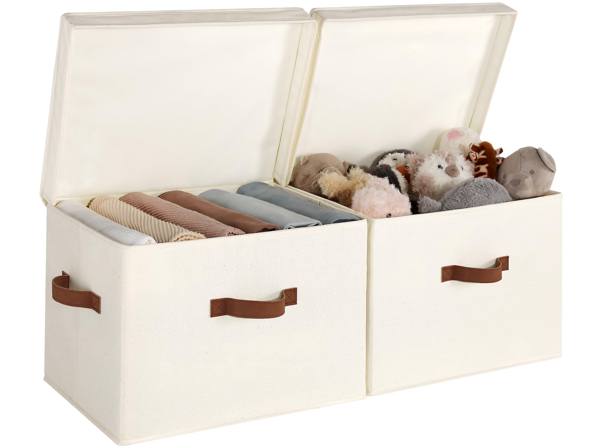StorageWorks fabric storage bins with lid on a shelf, space-saving organizer.