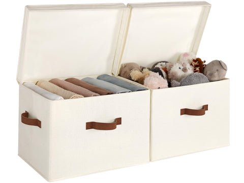 StorageWorks fabric storage bins with lid on a shelf, space-saving organizer.