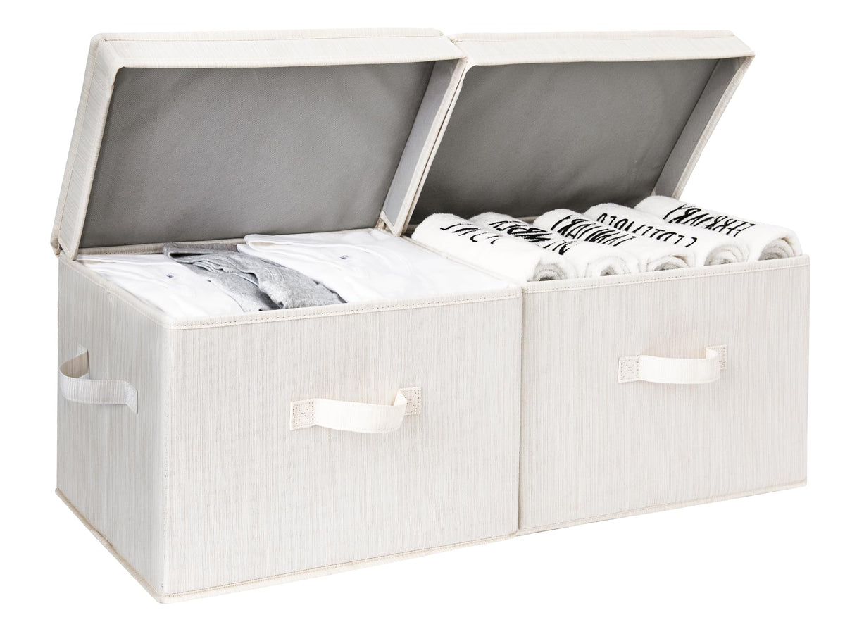 StorageWorks fabric storage bins with lid on a shelf for tidy organization