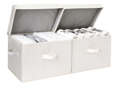 StorageWorks fabric storage bins with lid on a shelf for tidy organization