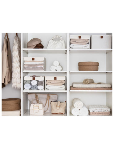 Foldable fabric organizer ideal for shelves and wardrobes in beige.