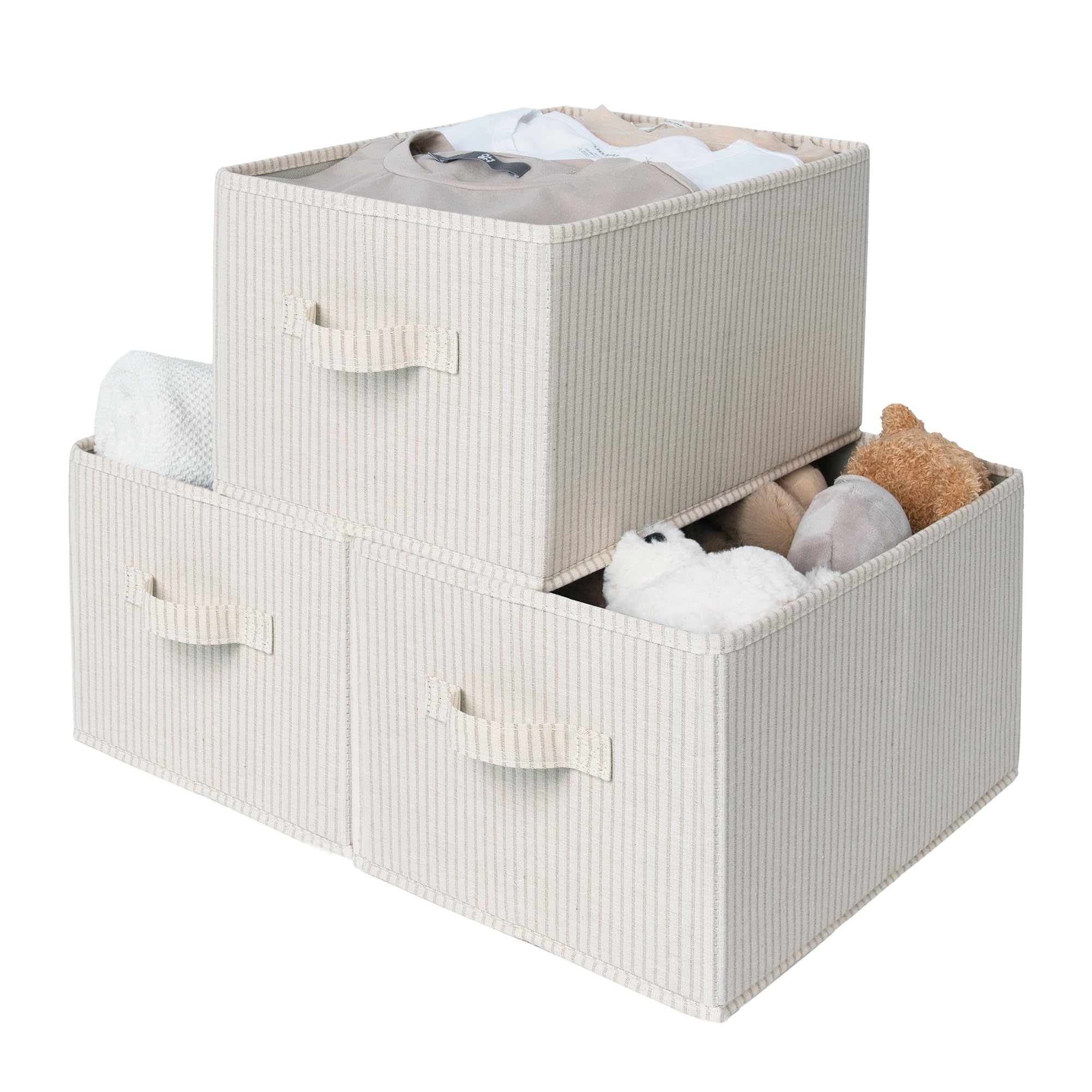 StorageWorks foldable bin in beige-stripes on a shelf for clothes storage.
