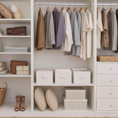 StorageWorks beige-stripes bin on a shelf shows sturdy boards and fabric.