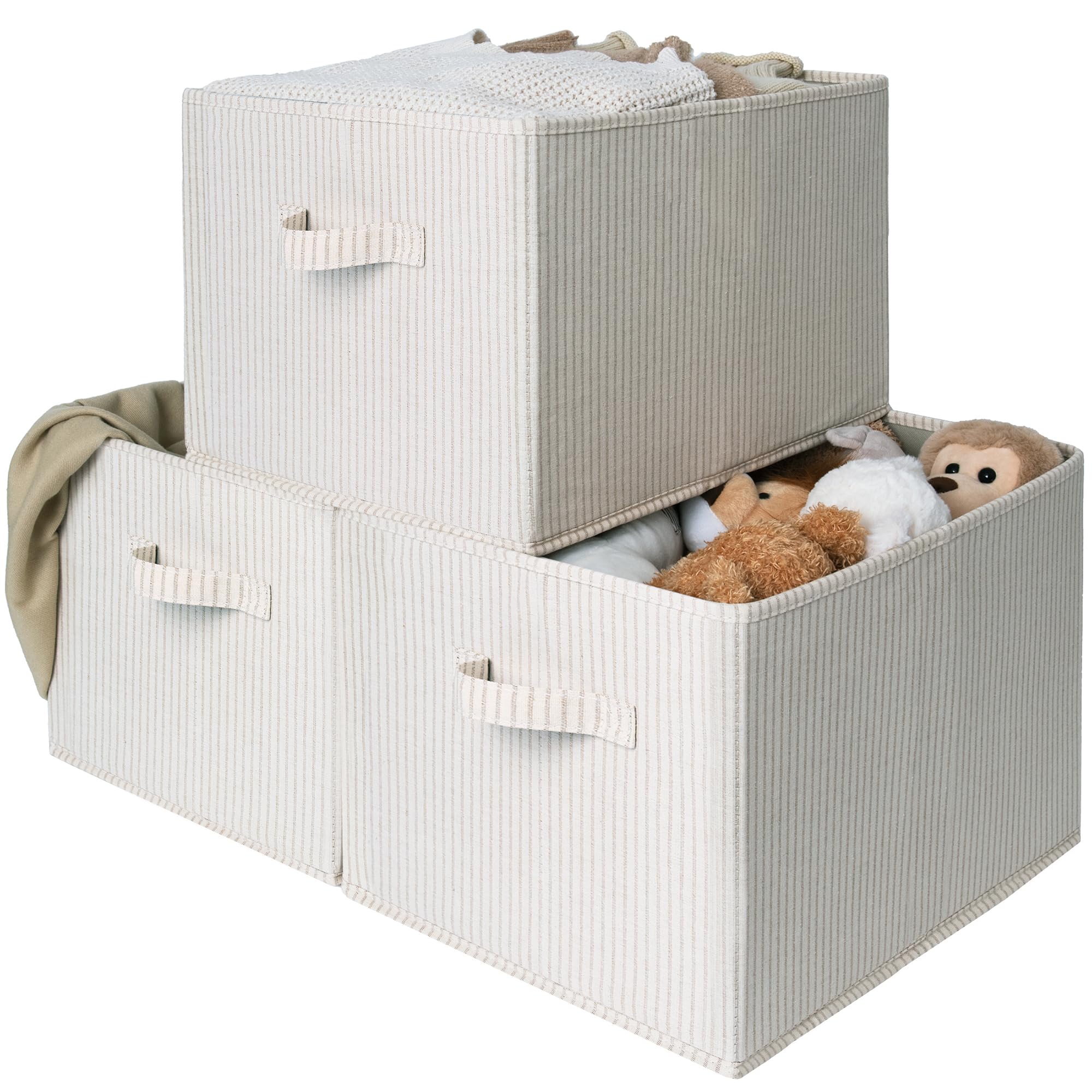StorageWorks foldable shelf organizer bin with beige stripes provides space-saving closet storage.