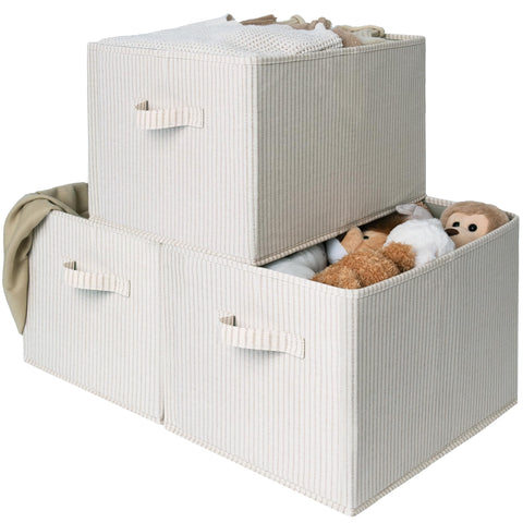 StorageWorks foldable shelf organizer bin with beige stripes provides space-saving closet storage.
