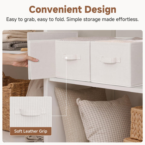 StorageWorks beige-stripes bin holds magazines and towels.