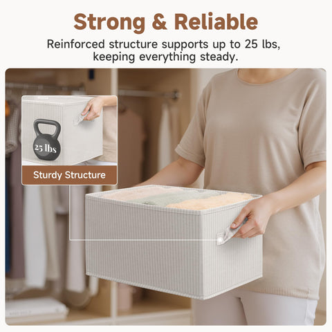 StorageWorks bins on wardrobe shelf for bags and sweaters.