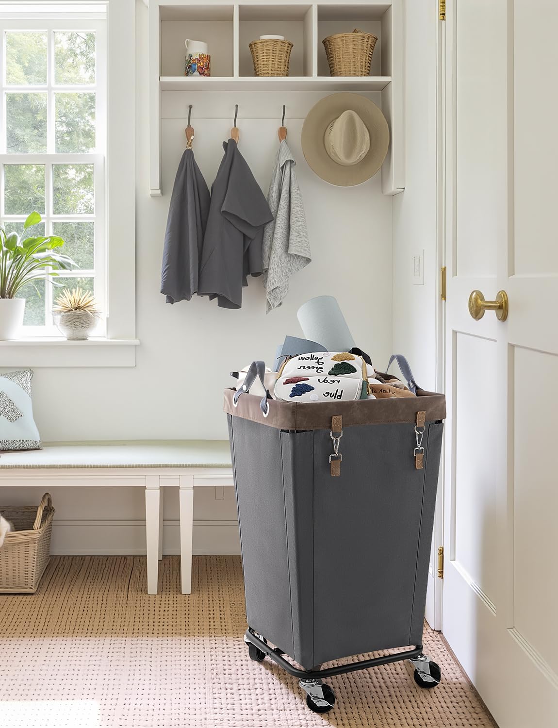 StorageWorks grey laundry hamper blends with home décor and stores laundry.