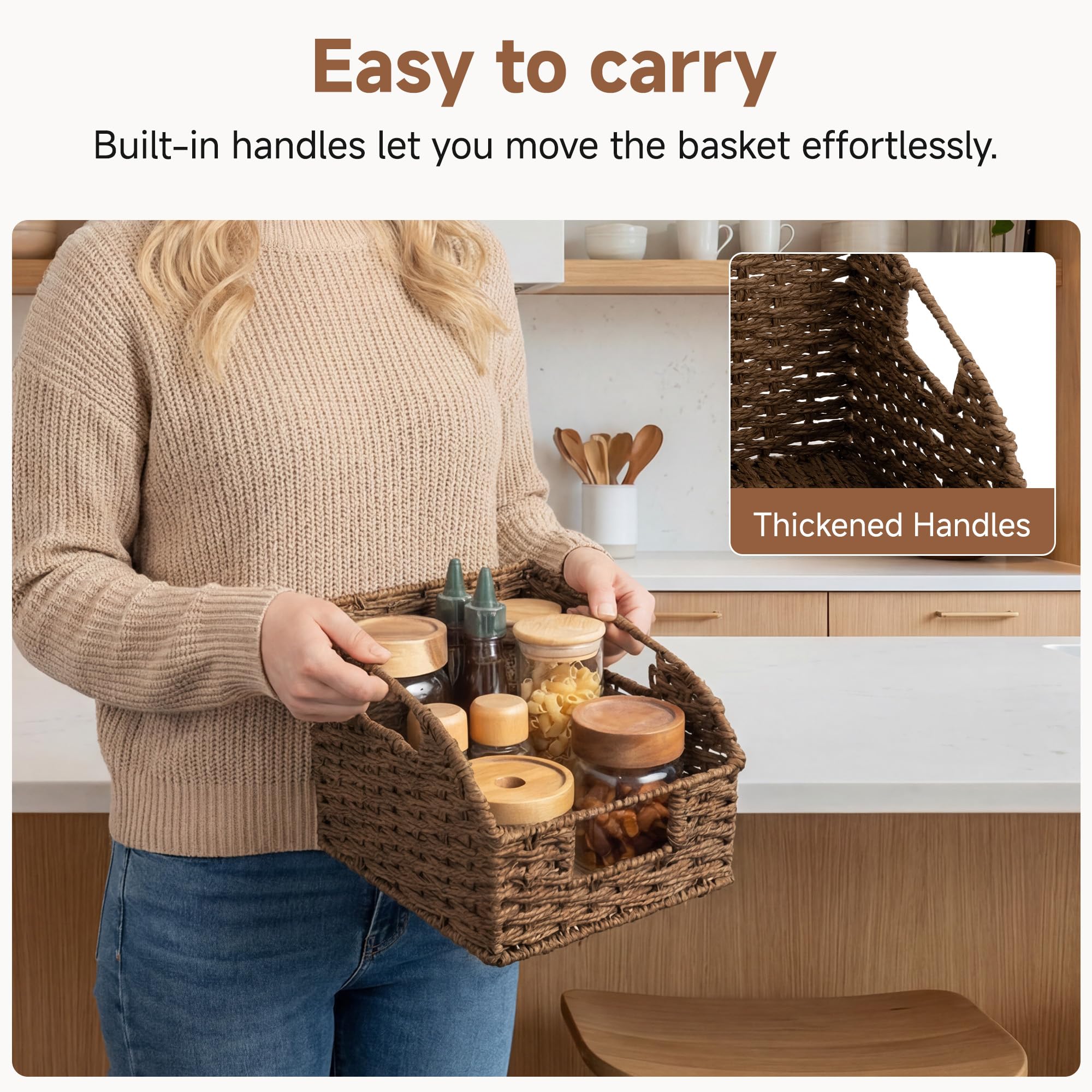 StorageWorks handwoven basket with three handles for easy carrying.
