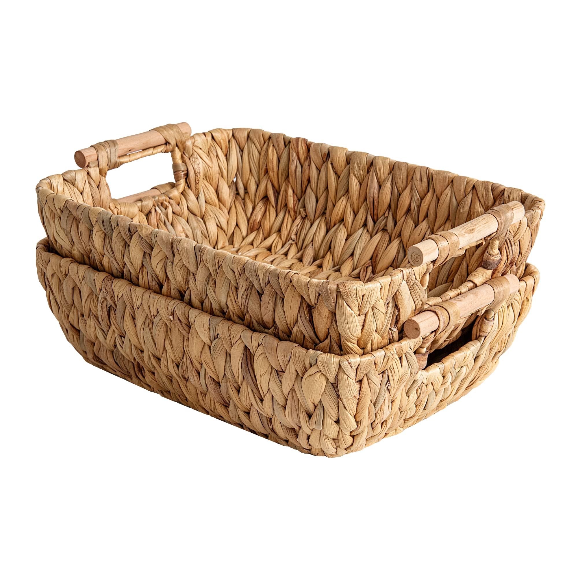 StorageWorks handwoven large storage basket with wooden handles for easy carrying.