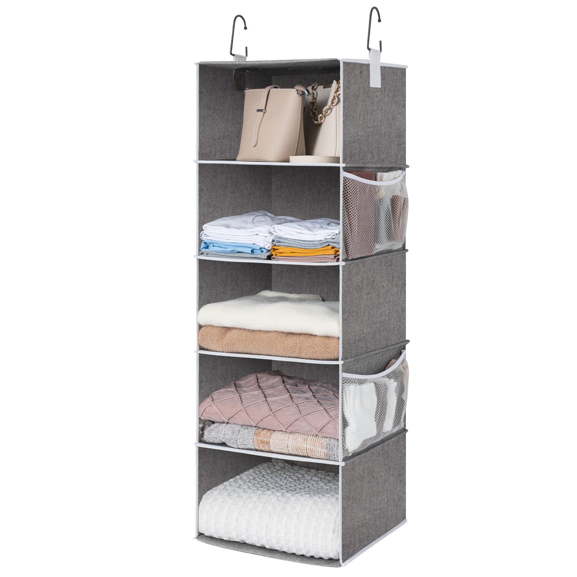 StorageWorks five-shelf hanging organizer shows sturdy closet storage for sweaters and accessories.