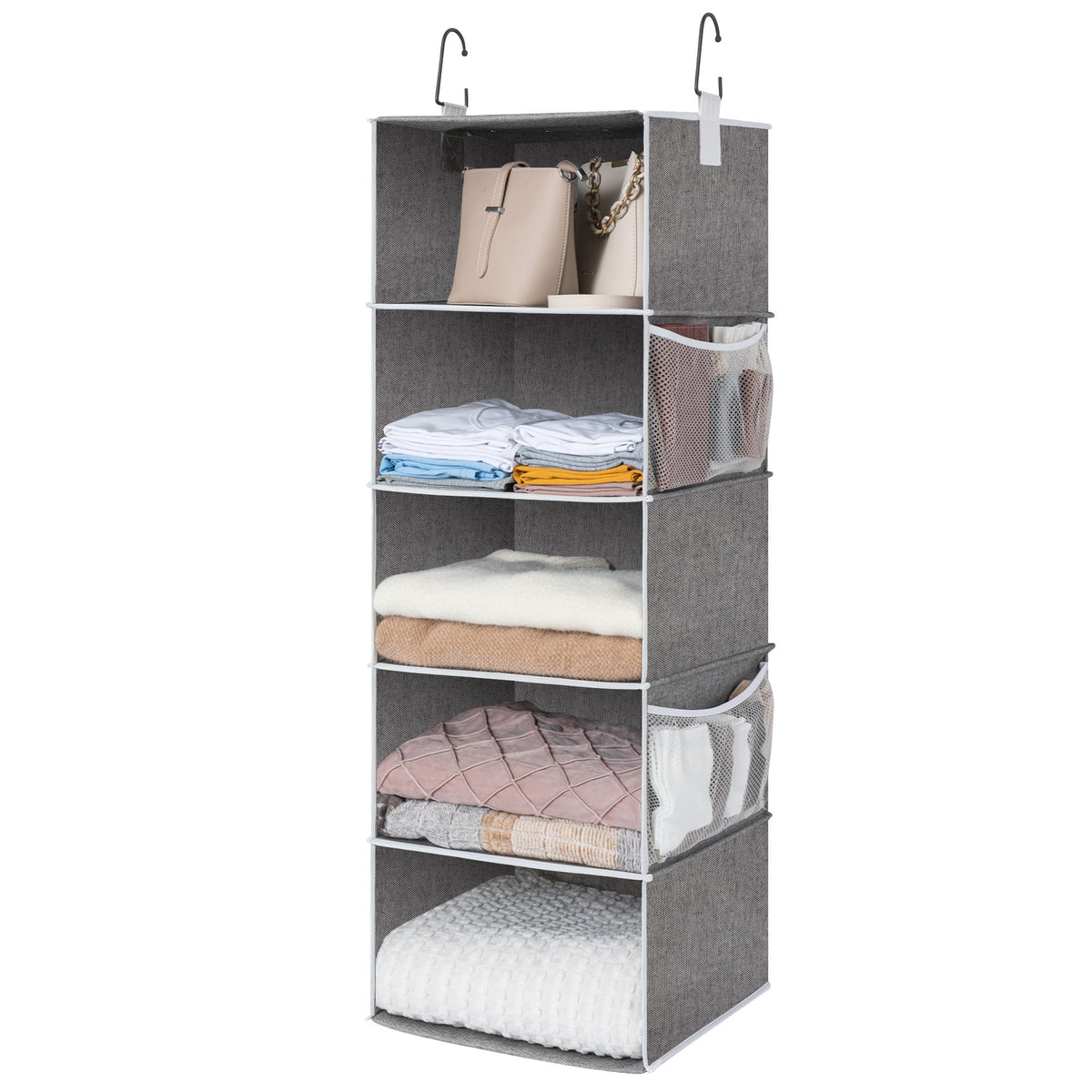StorageWorks five-shelf hanging organizer shows sturdy closet storage for sweaters and accessories.