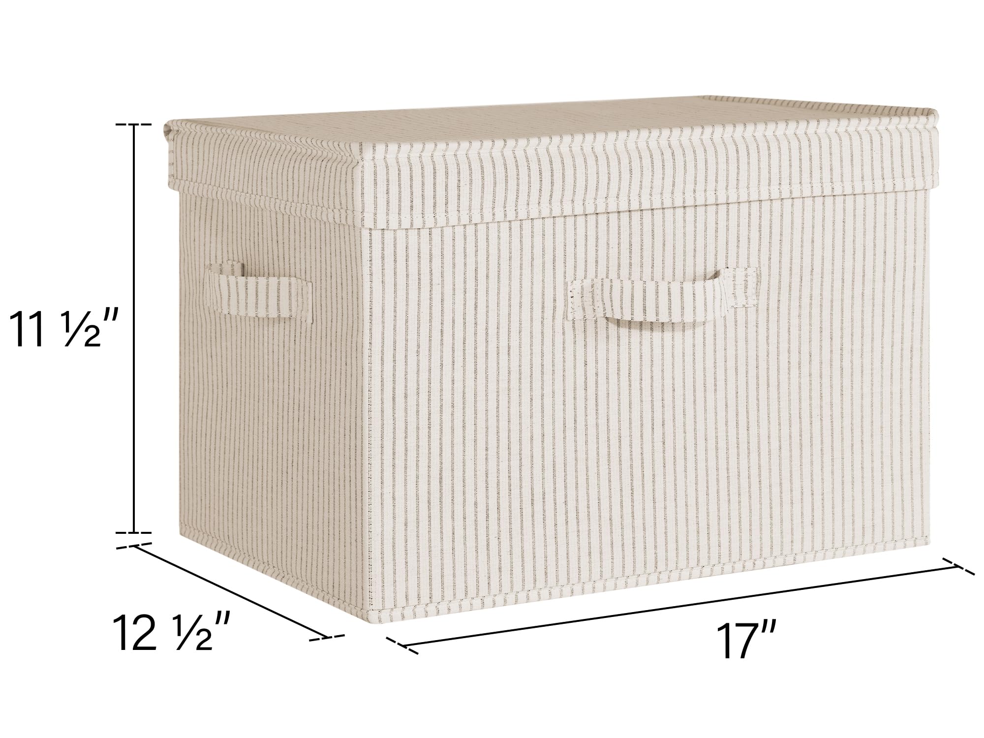 StorageWorks jumbo bin with beige stripes, lid closed beside folded towels.