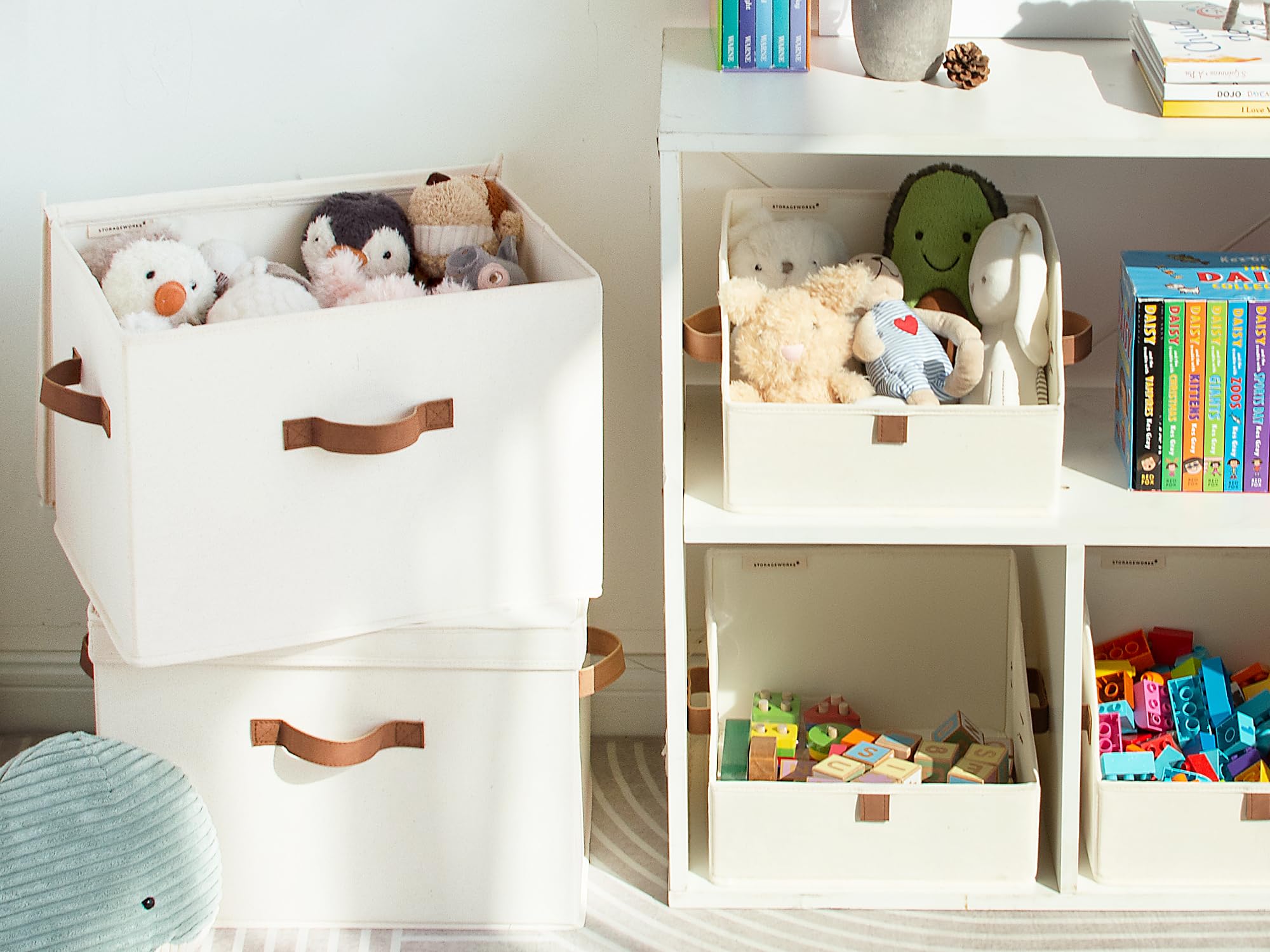 StorageWorks jumbo fabric baskets on shelves maximize closet space.