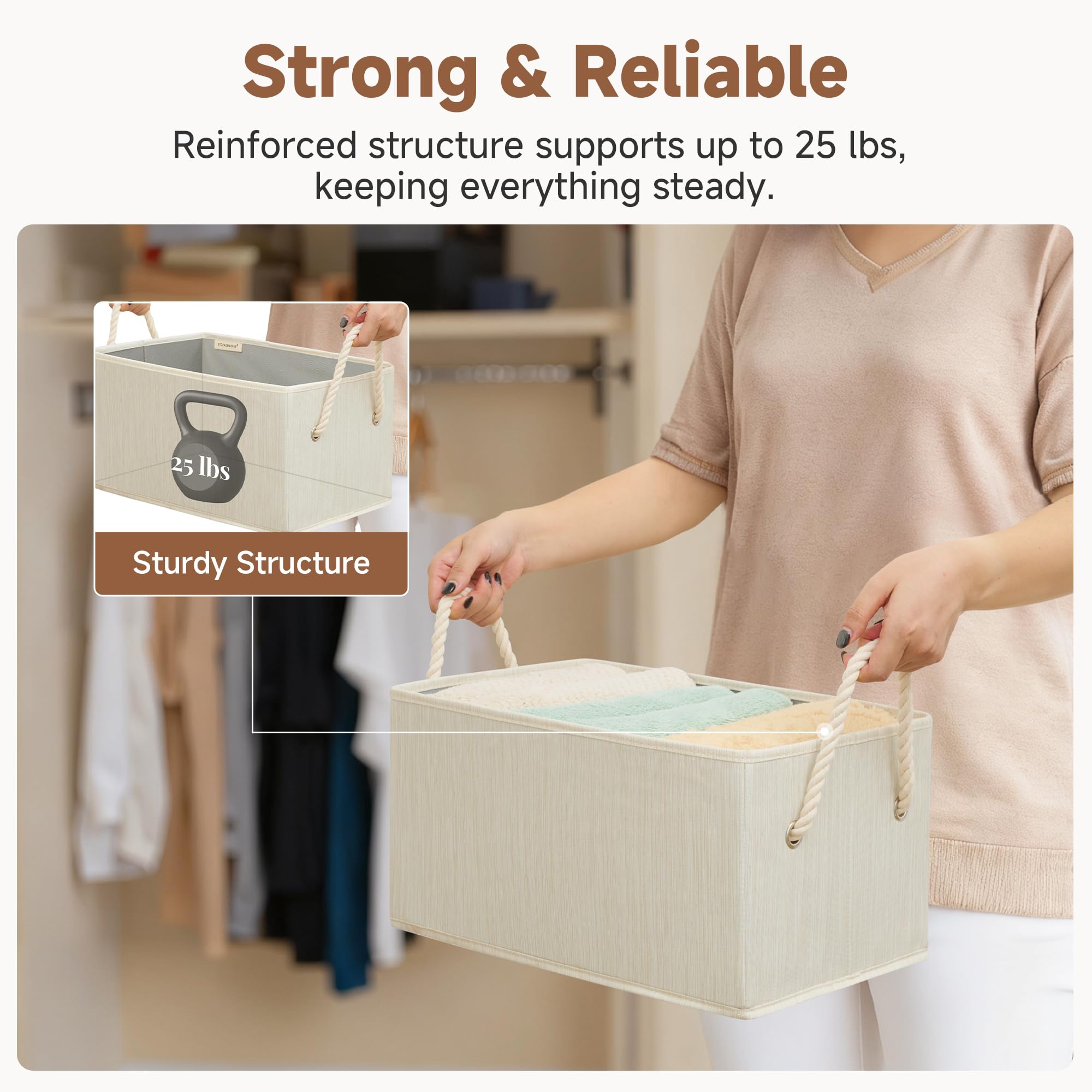 StorageWorks large-capacity bin holds clothes, towels, and magazines neatly.
