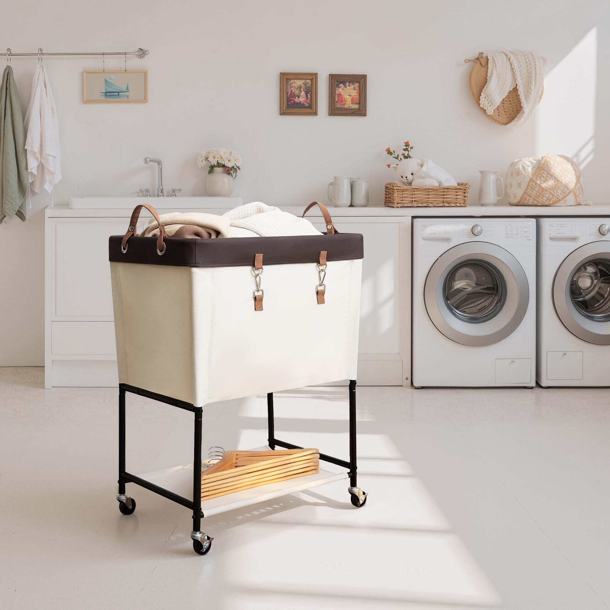 StorageWorks laundry cart with rolling wheels for smooth mobility.