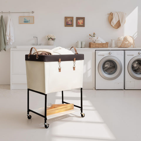 StorageWorks laundry cart with rolling wheels for smooth mobility.
