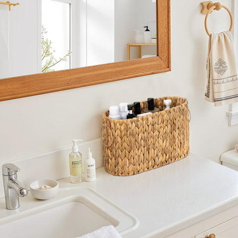 StorageWorks living room setup shows versatile storage for towels and small items.
