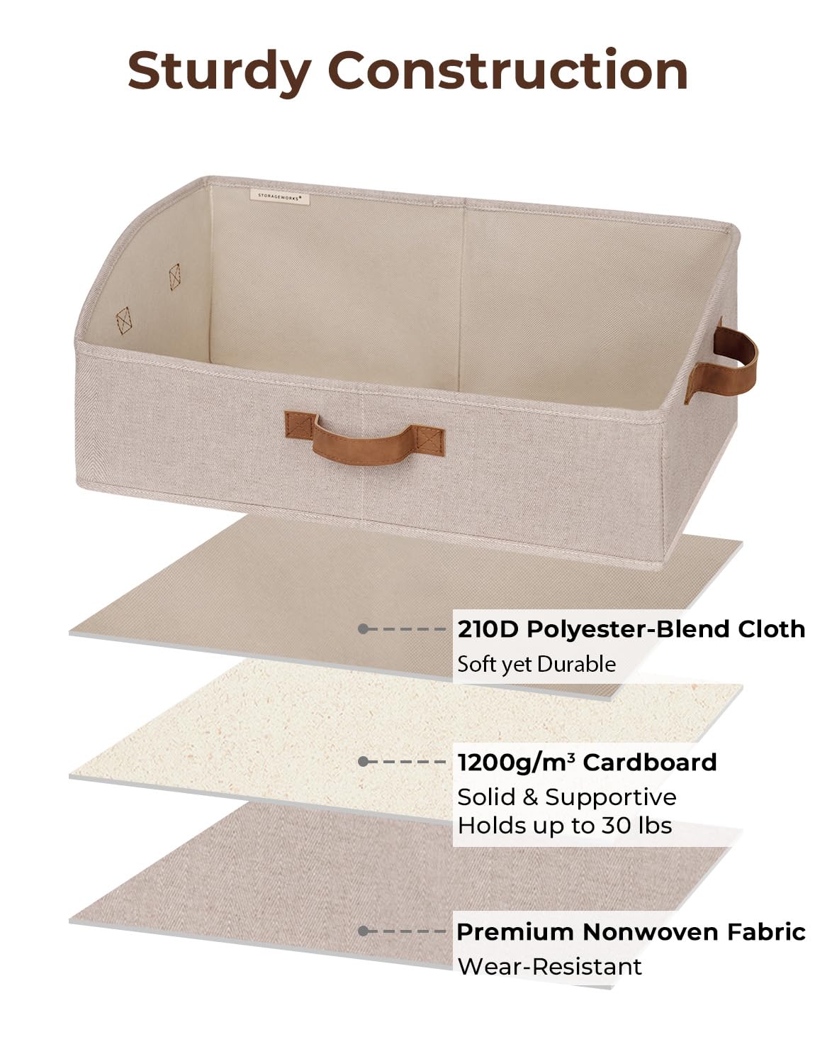StorageWorks reinforced fabric bin keeps shape with heavy-duty boards.
