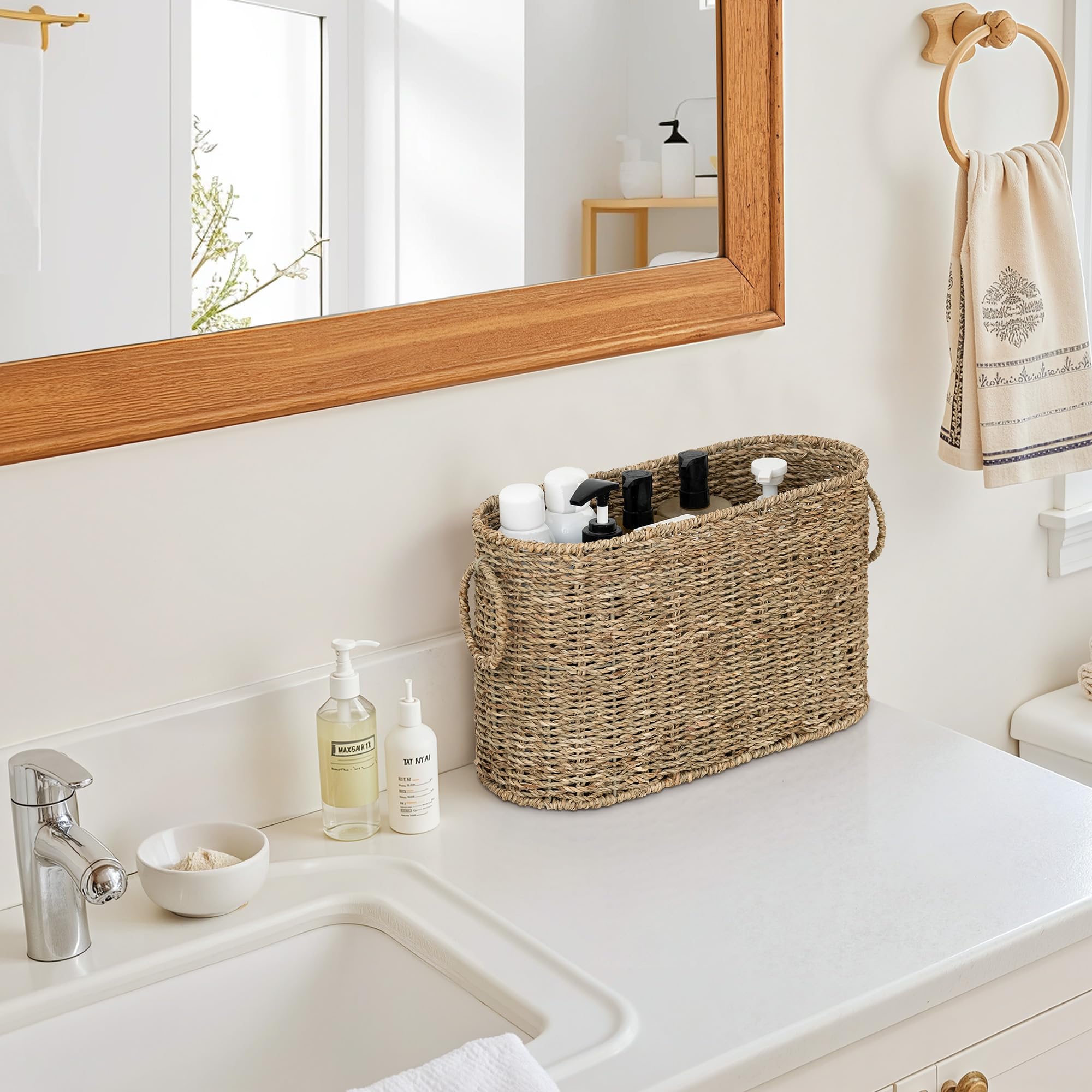 StorageWorks natural seagrass basket complements modern and rustic bathroom decor