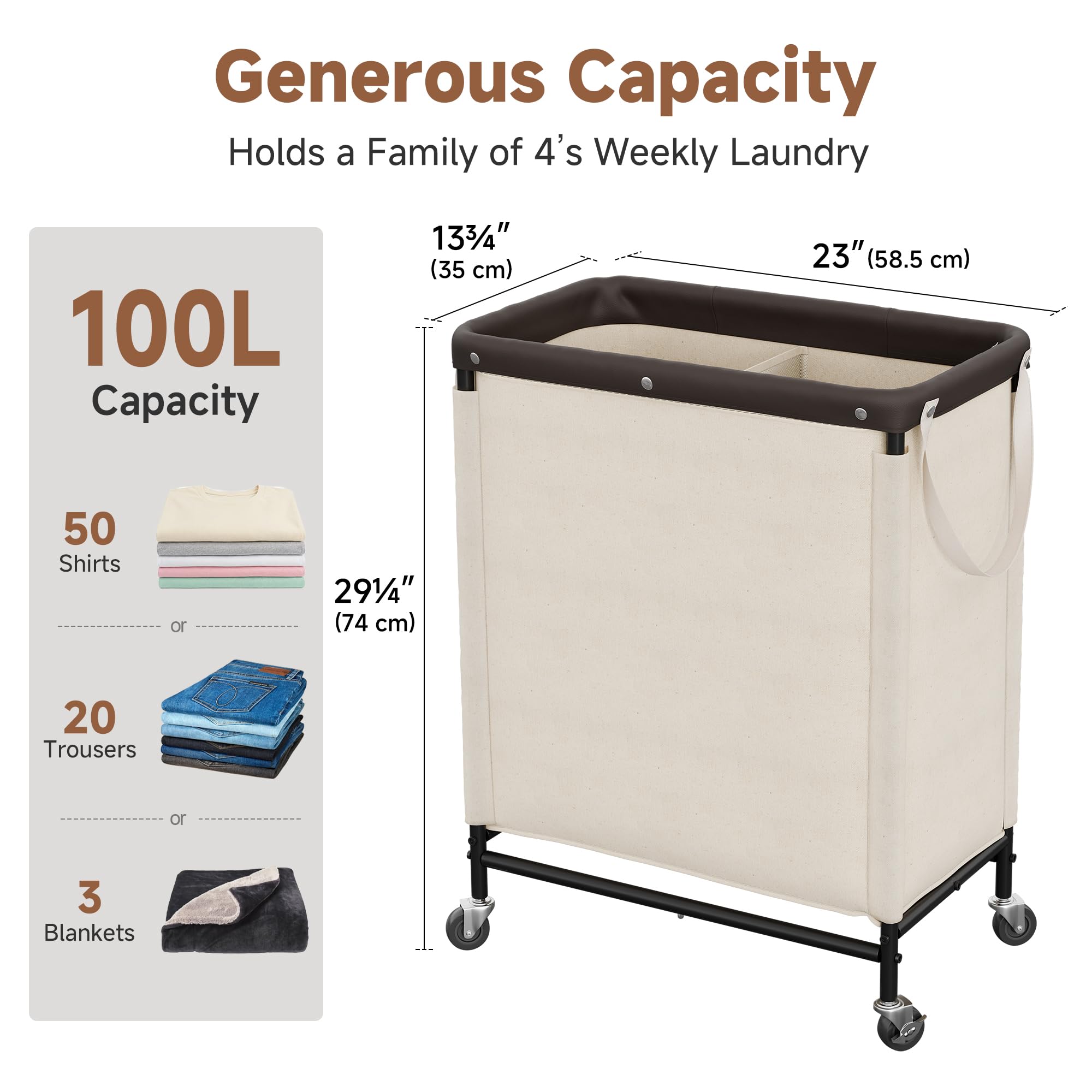 StorageWorks rolling laundry cart wheels image highlights four quiet casters for smooth transport.
