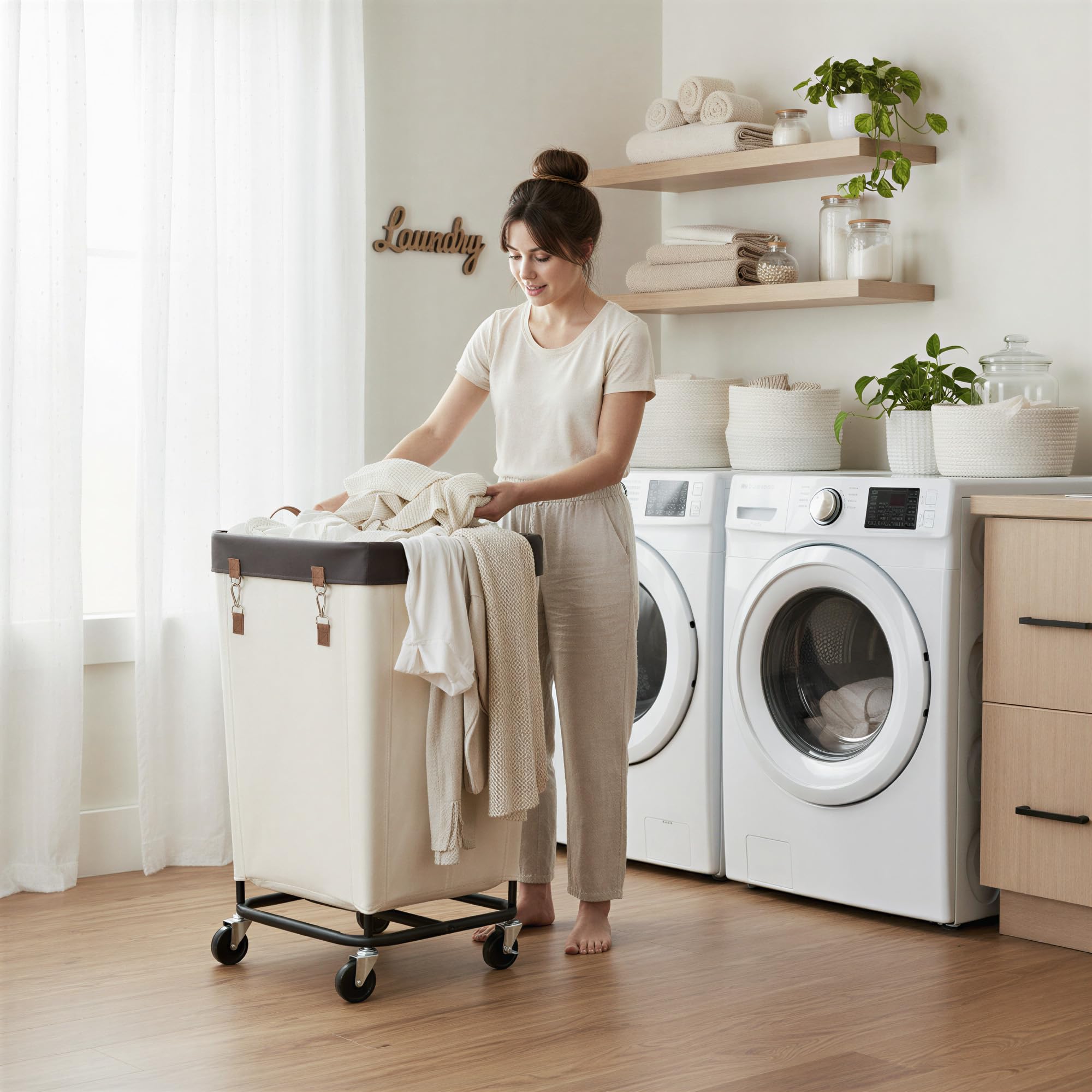 StorageWorks rolling laundry hamper in beige for smooth mobility in any room.