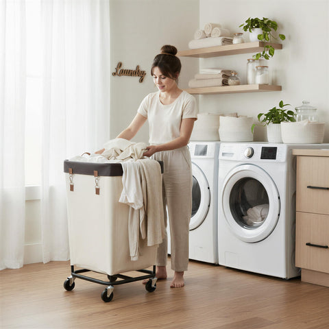 StorageWorks rolling laundry hamper in beige for smooth mobility in any room.