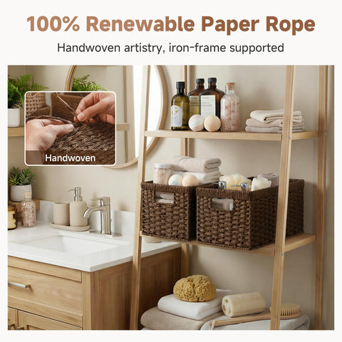 StorageWorks round paper rope basket in the bathroom for towels and toiletries.