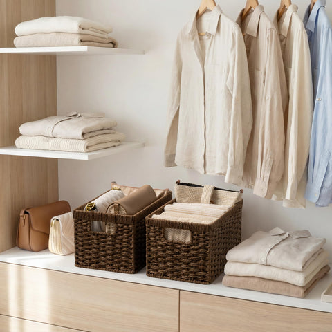 StorageWorks round paper rope basket with a sturdy metal frame that holds heavier items.