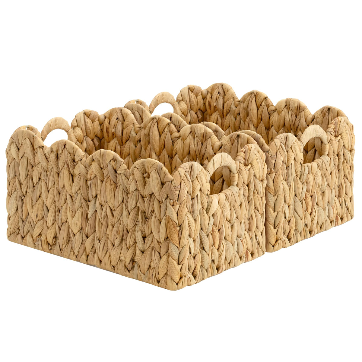 StorageWorks scalloped-edge water hyacinth basket for elegant shelf organization.