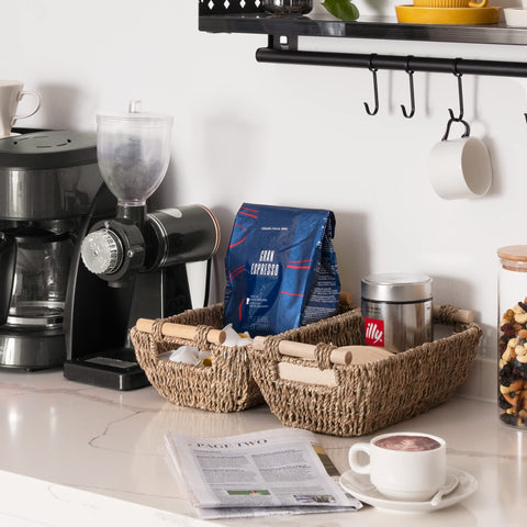 StorageWorks seagrass basket on kitchen counter for versatile storage.