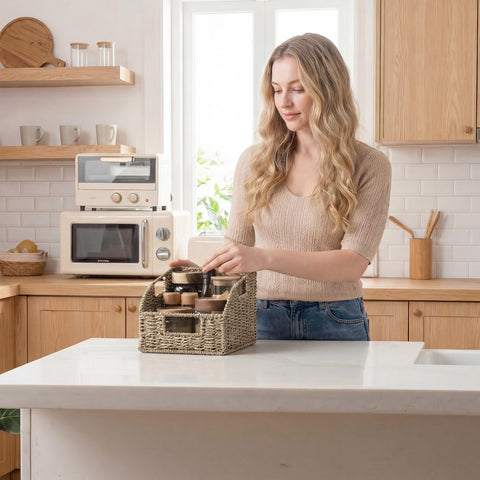 StorageWorks seagrass basket on shelf blends natural aesthetics and practical storage