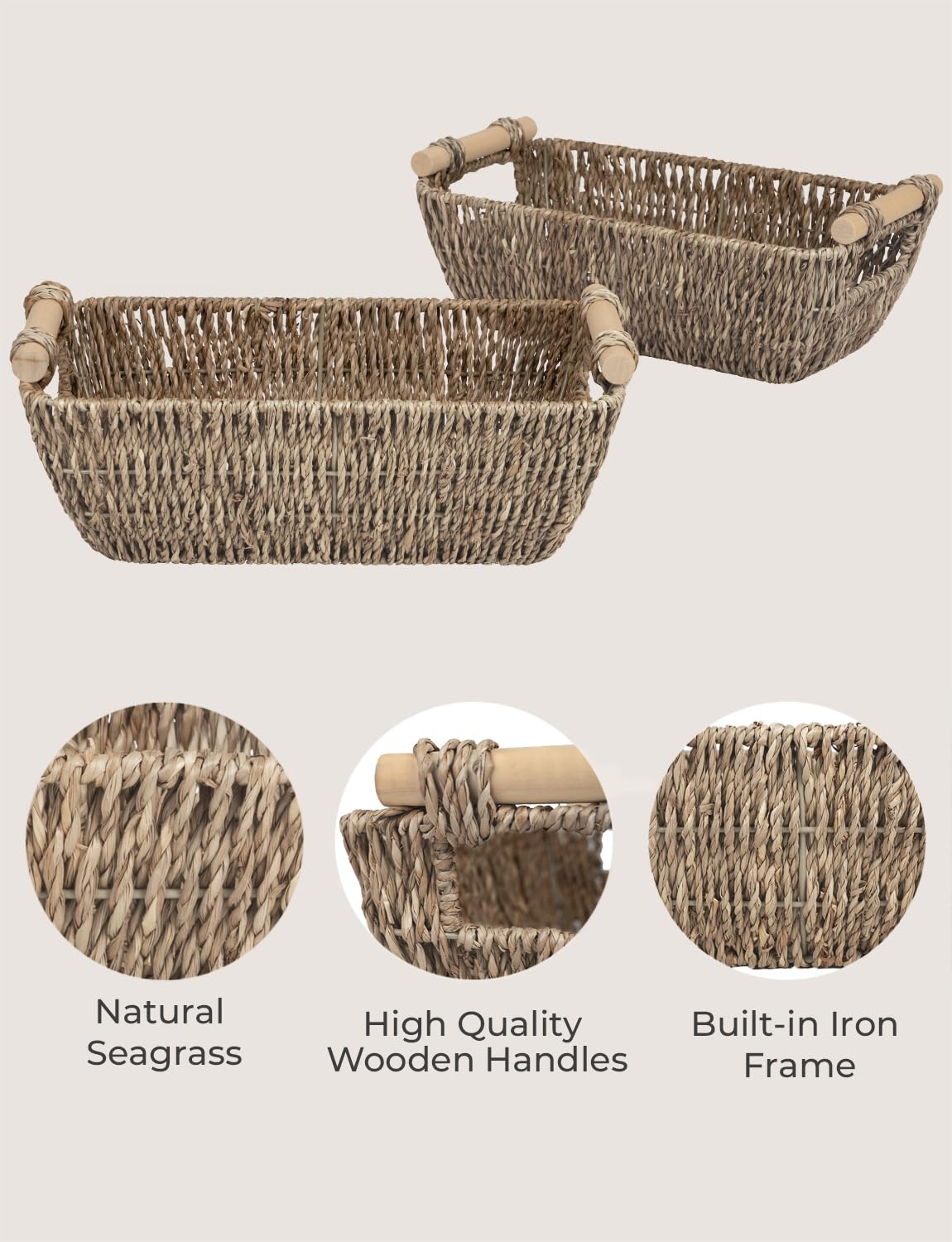 StorageWorks seagrass basket on toilet tank, easy carry with sturdy wooden handles.