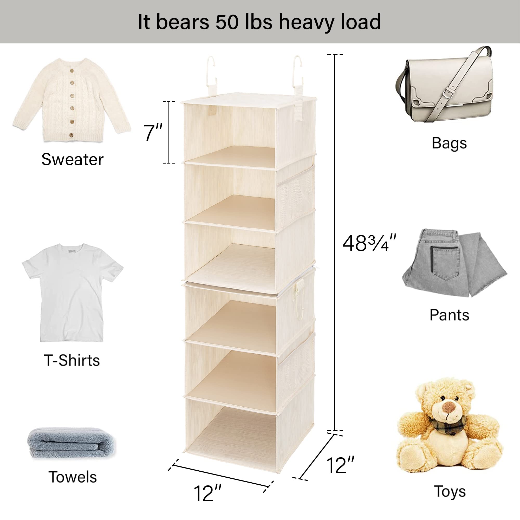 StorageWorks separable hanging shelves with zipper connection showing customization options.