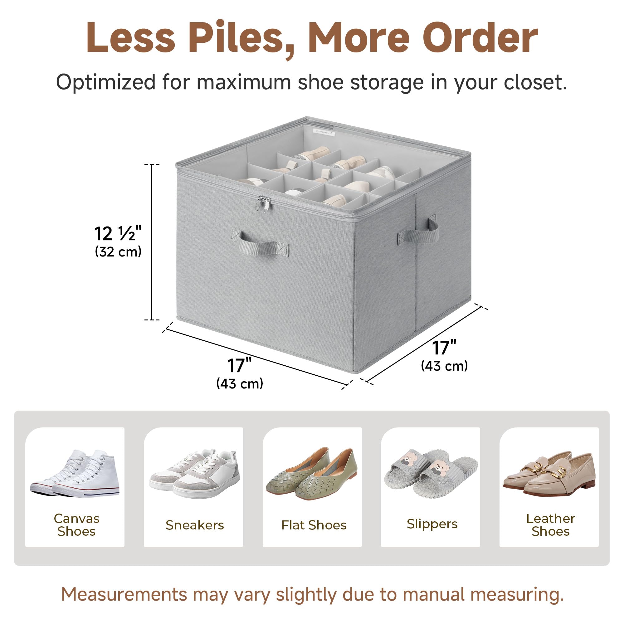 StorageWorks organizer illustrating 16-pair capacity for sneakers and flats.