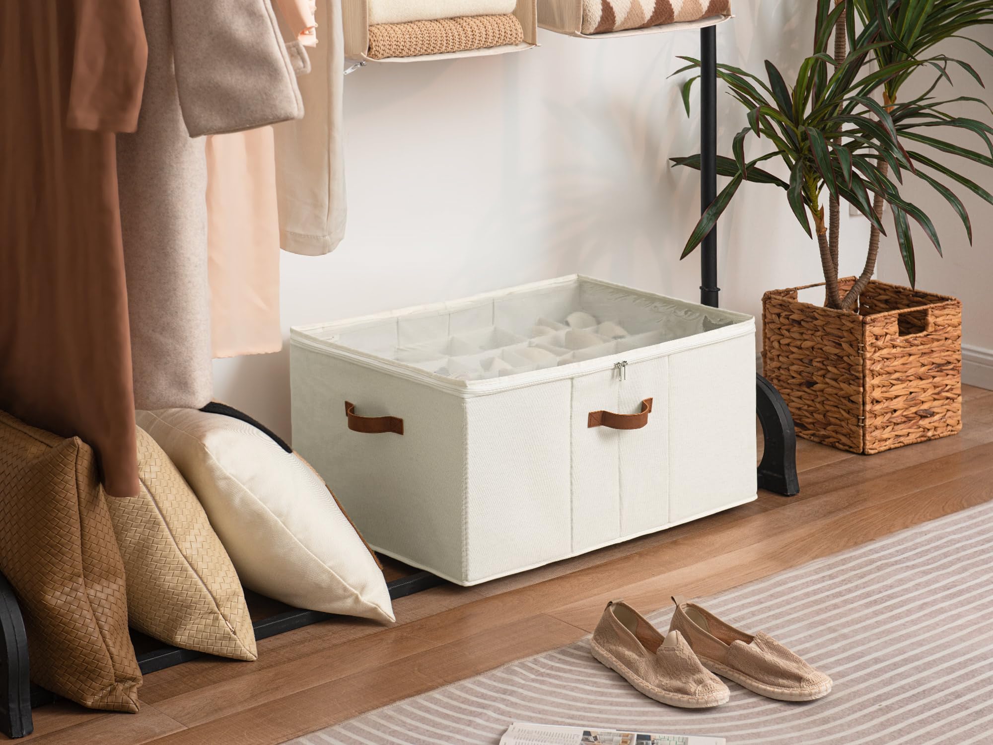 StorageWorks shoe organizer with adjustable dividers for customized shoe sizes.